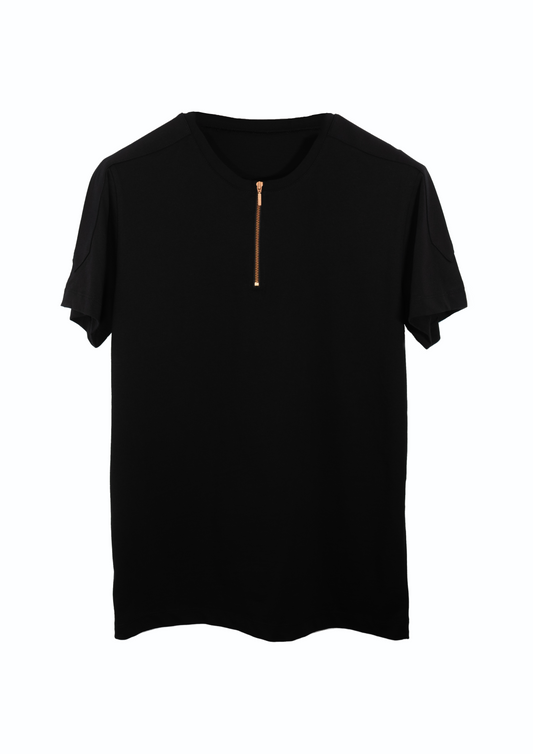Black t-shirt with a Bronze zipper on a white background