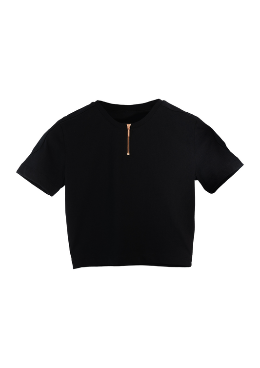 Black crop top with a bronze zipper on a white background