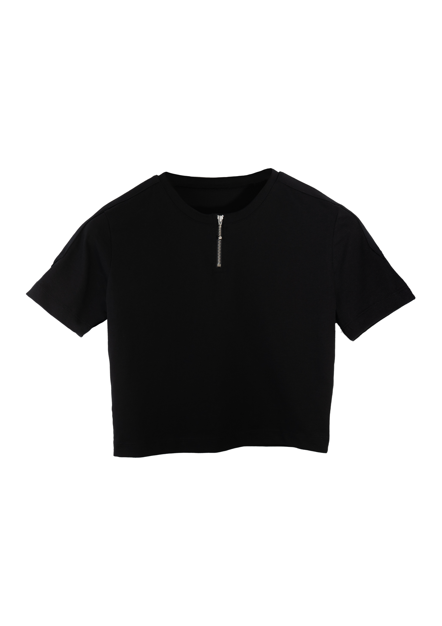 Black cropped shirt with a zipper on a white background