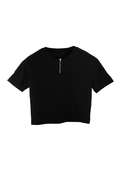 Black cropped shirt with a zipper on a white background